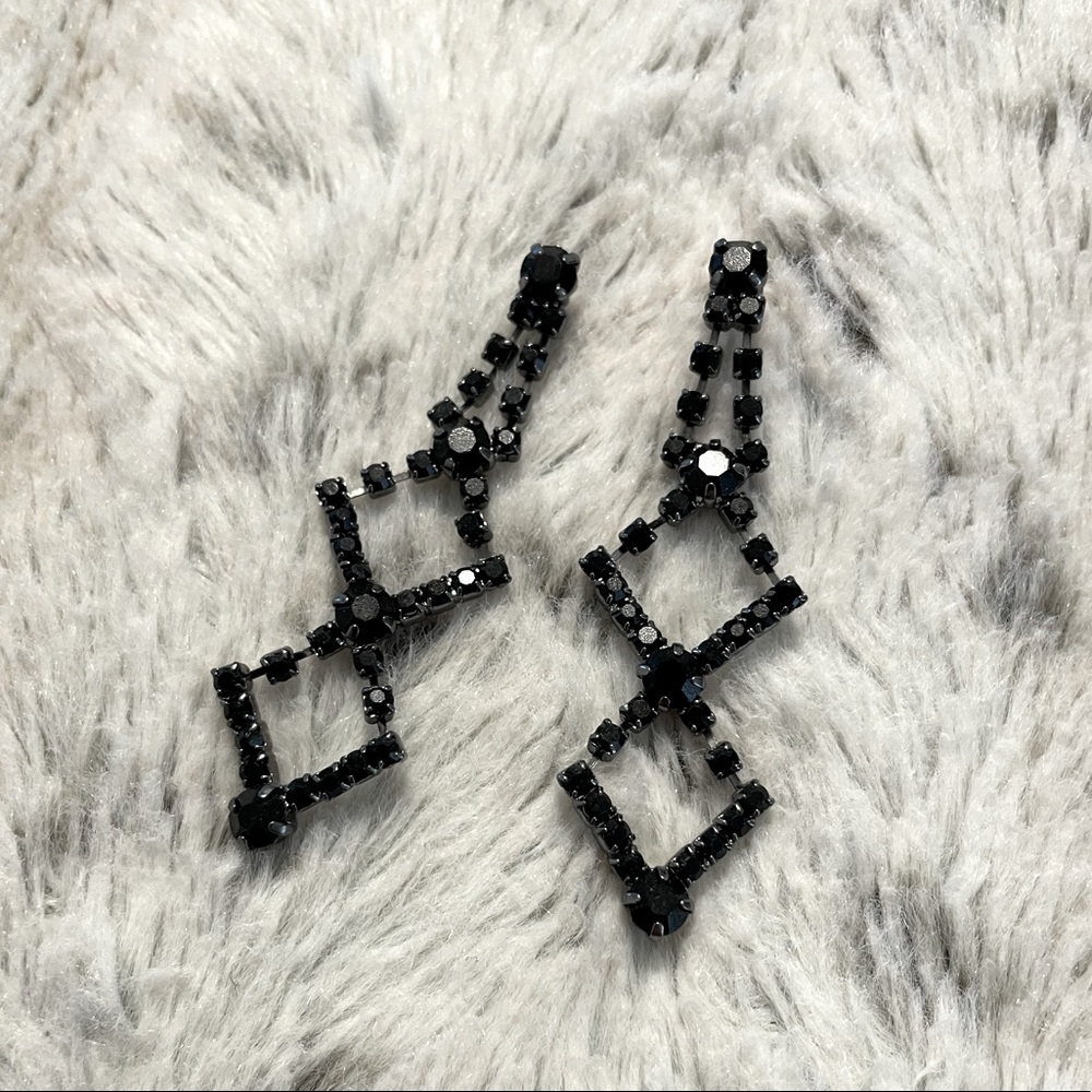 Black crystal geometric drop down earrings